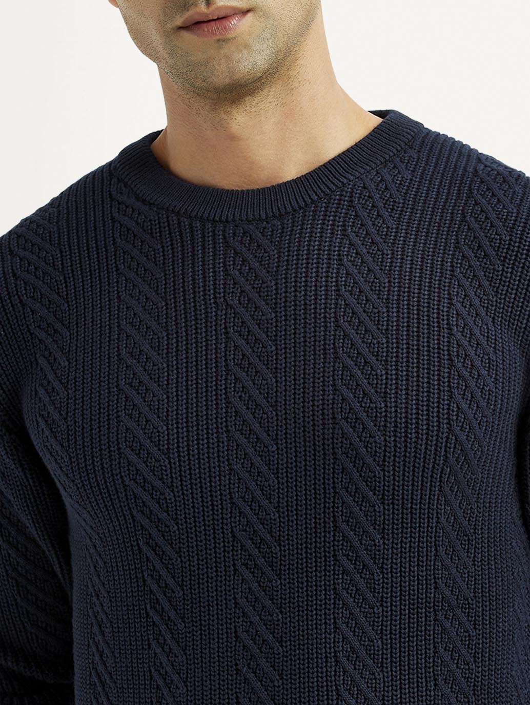 Men's Jacquard Navy Crew Neck Sweater - Image 3