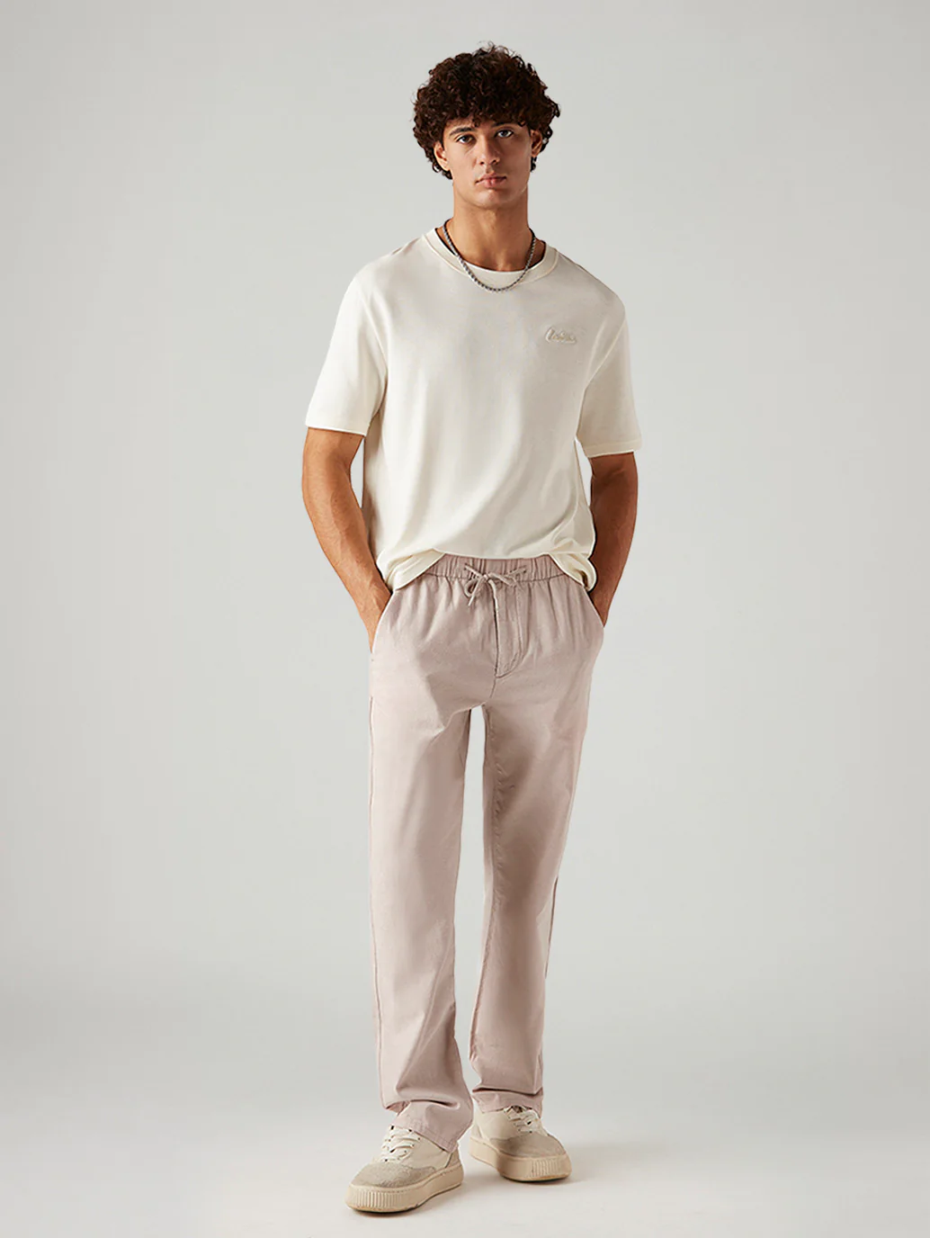 Men's Light Pink Loose Straight Fit Mid Rise Linen Chinos