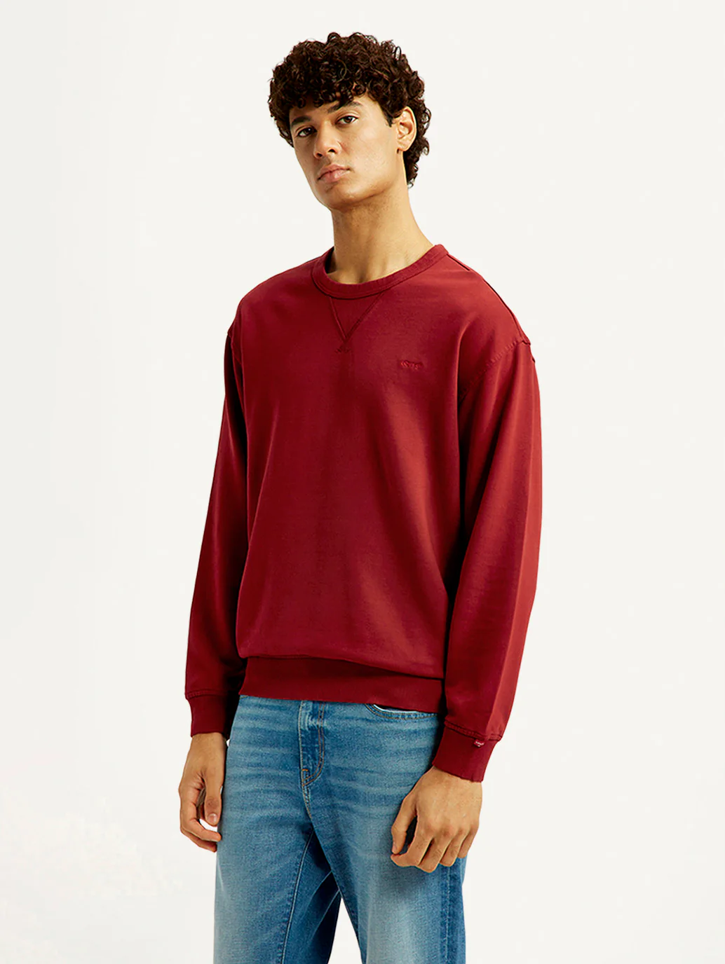 Men's Overdyed Solid Red Crew Neck Sweatshirt - Image 6