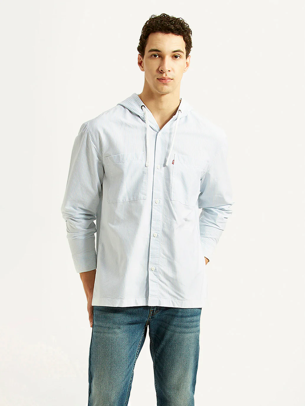 Men's Pin Striped Light Blue Relaxed Fit Hooded Oxford Overshirt