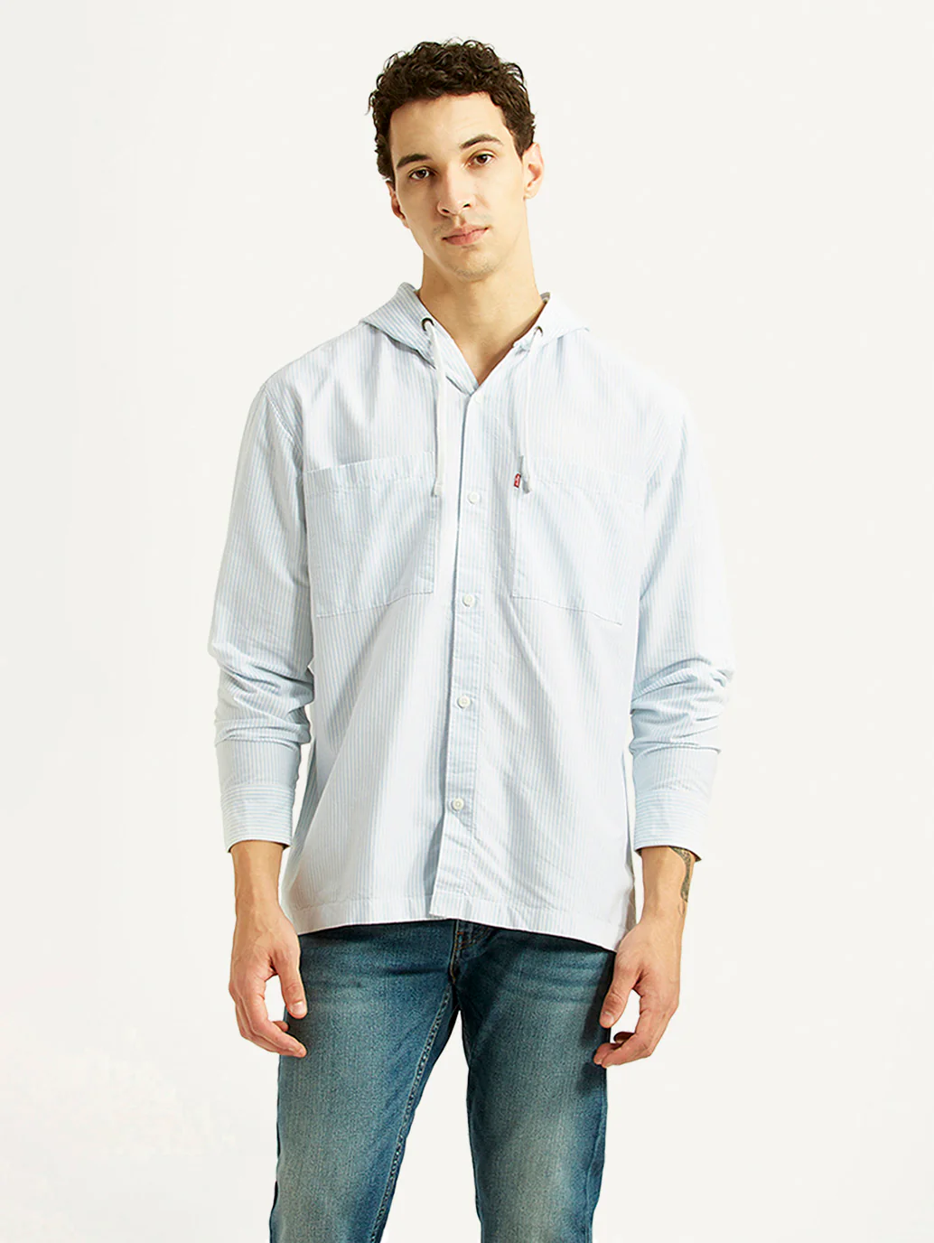 Men's Pin Striped Light Blue Relaxed Fit Hooded Oxford Overshirt - Image 2
