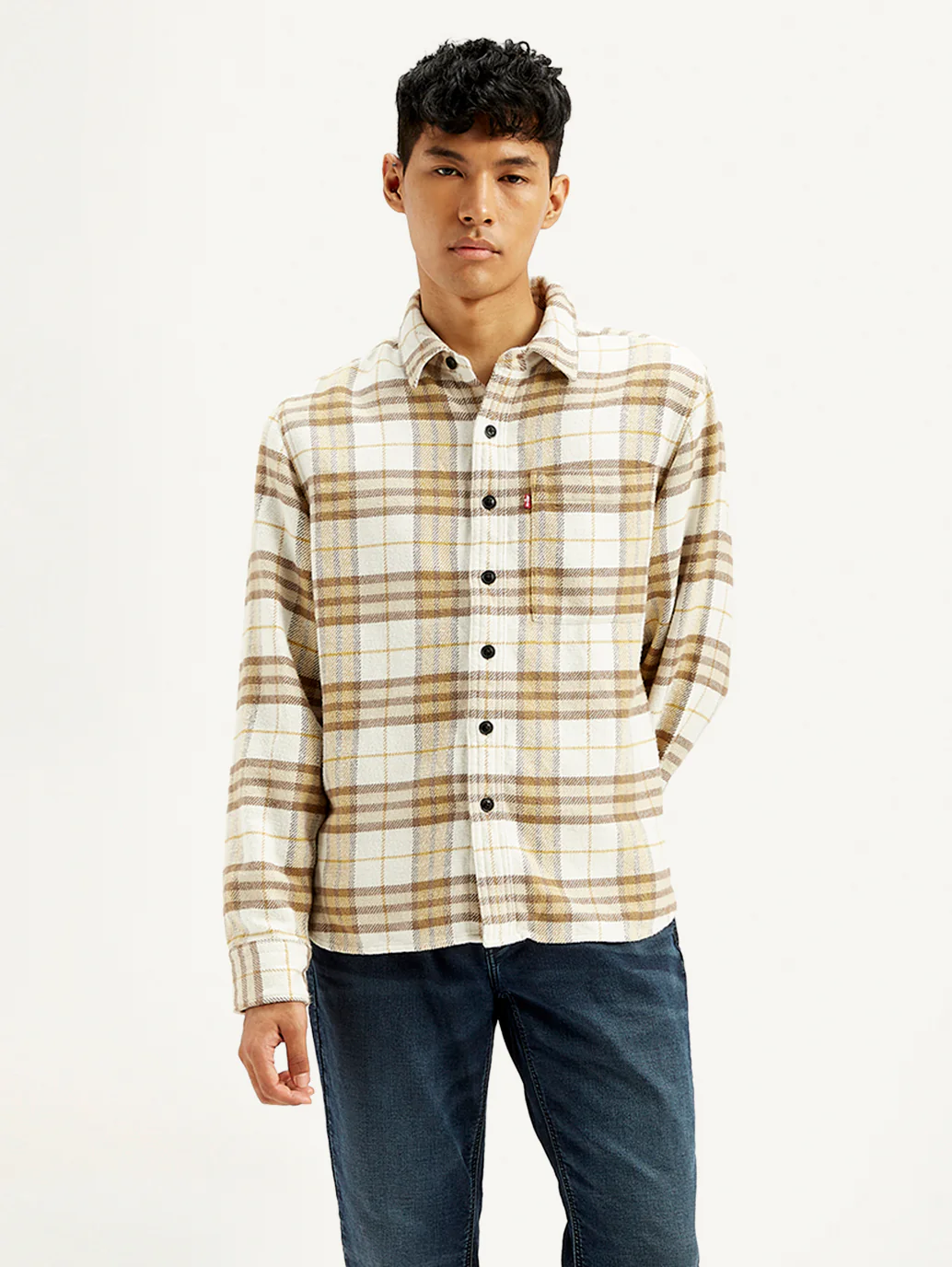 Men's Plaid Cream Relaxed Fit Jacket - Image 3