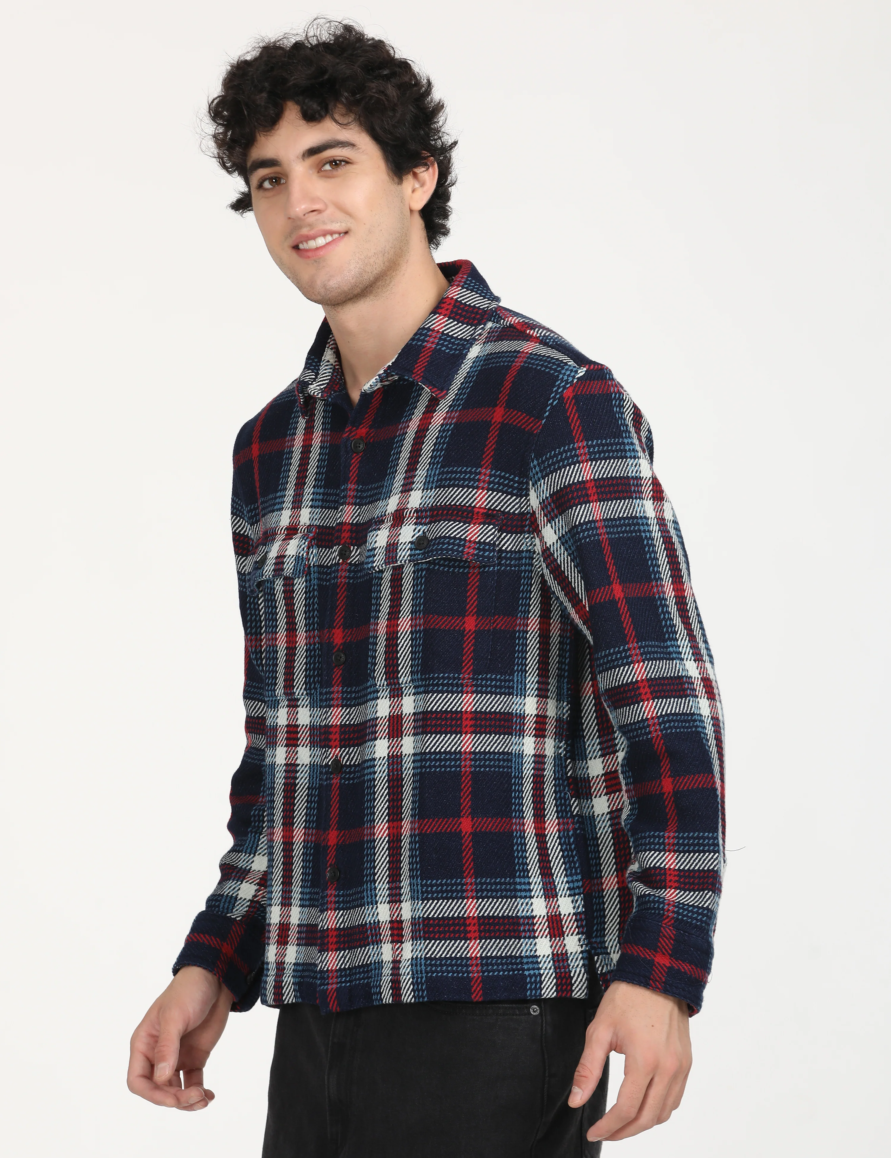 Men's Plaid Navy Spread Collar Shacket - Image 2