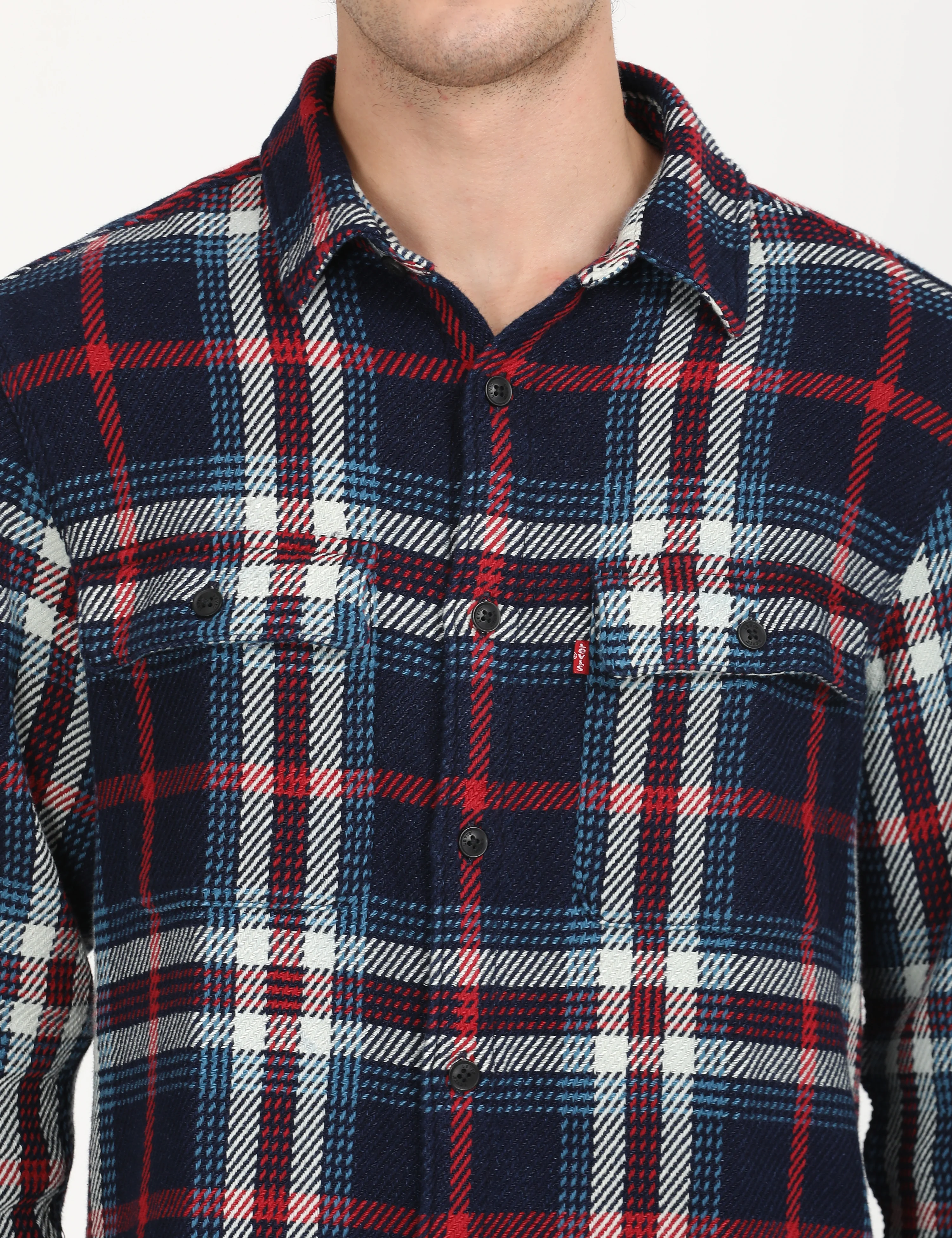 Men's Plaid Navy Spread Collar Shacket - Image 4