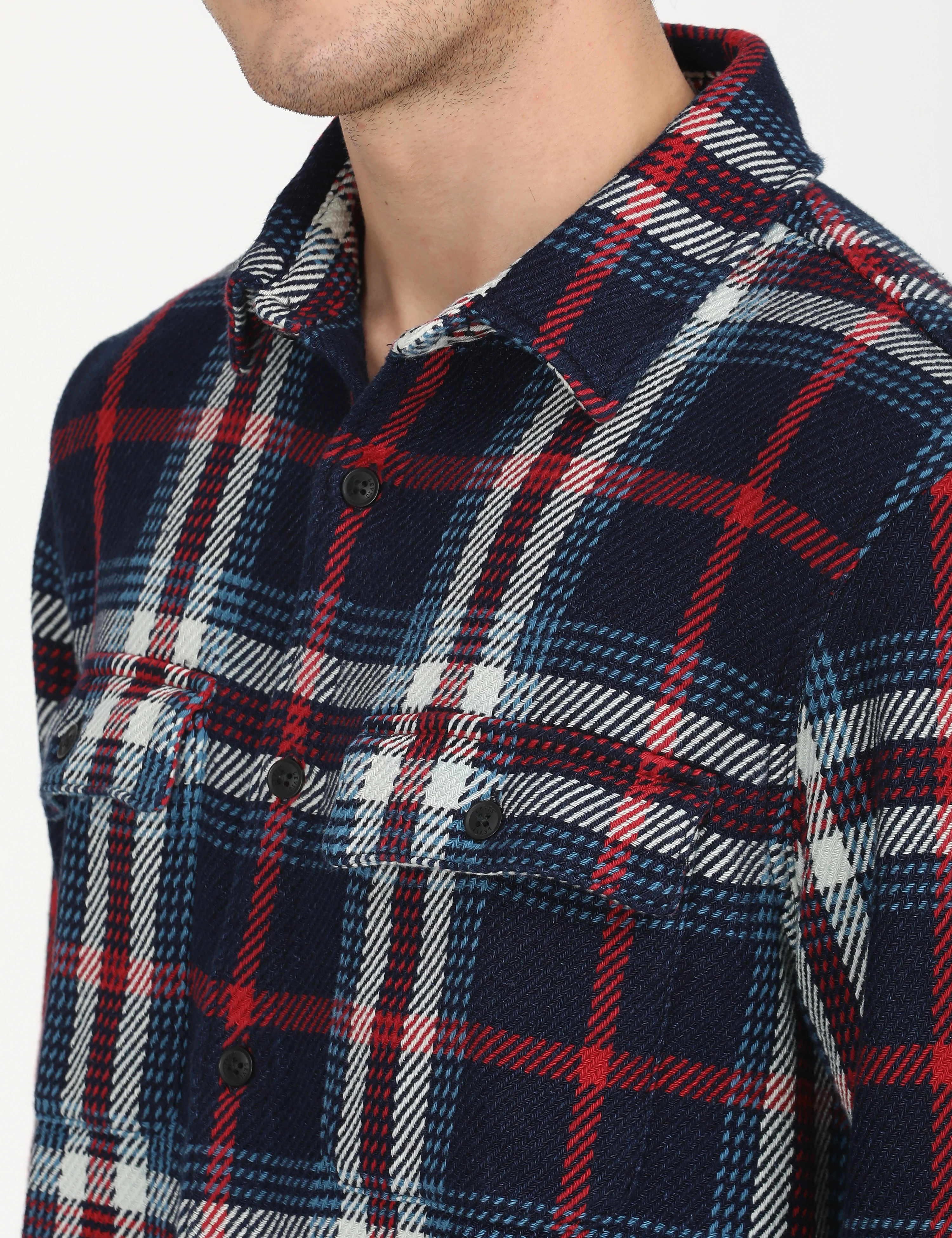 Men's Plaid Navy Spread Collar Shacket - Image 5