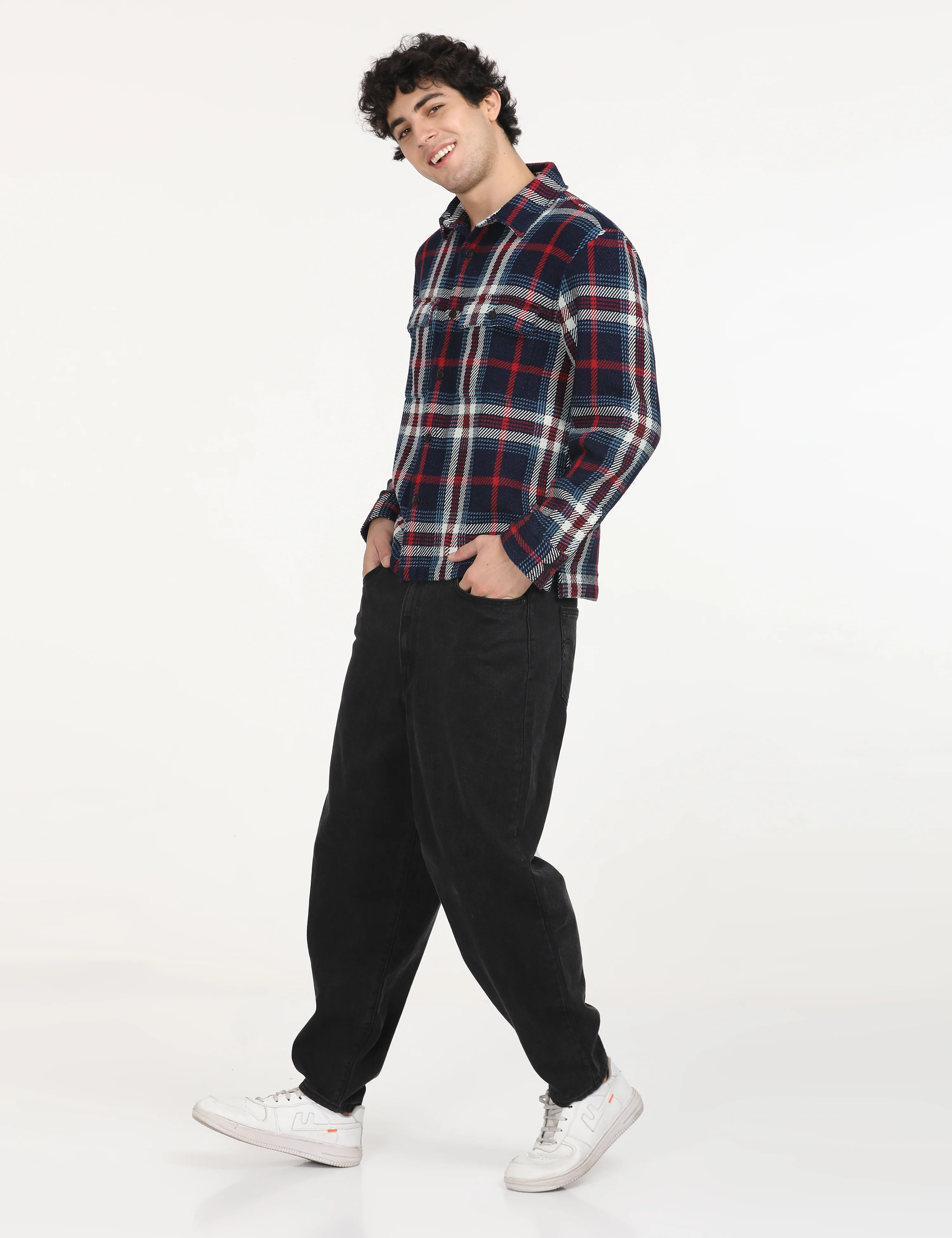 Men's Plaid Navy Spread Collar Shacket - Image 6