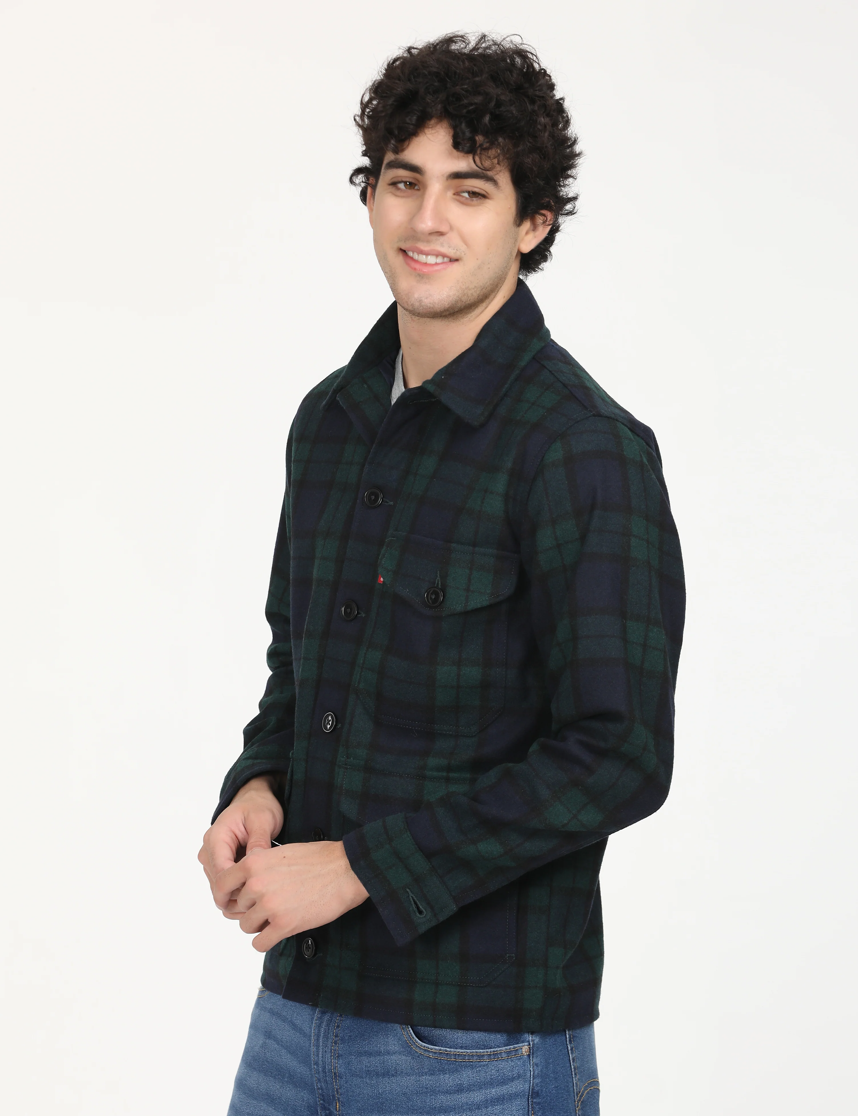 Men's Plaid Navy Spread Collar Shacket - Image 2