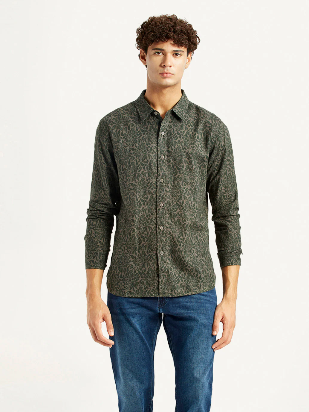 Men's Printed Olive Green Slim Fit Shirt - Image 5