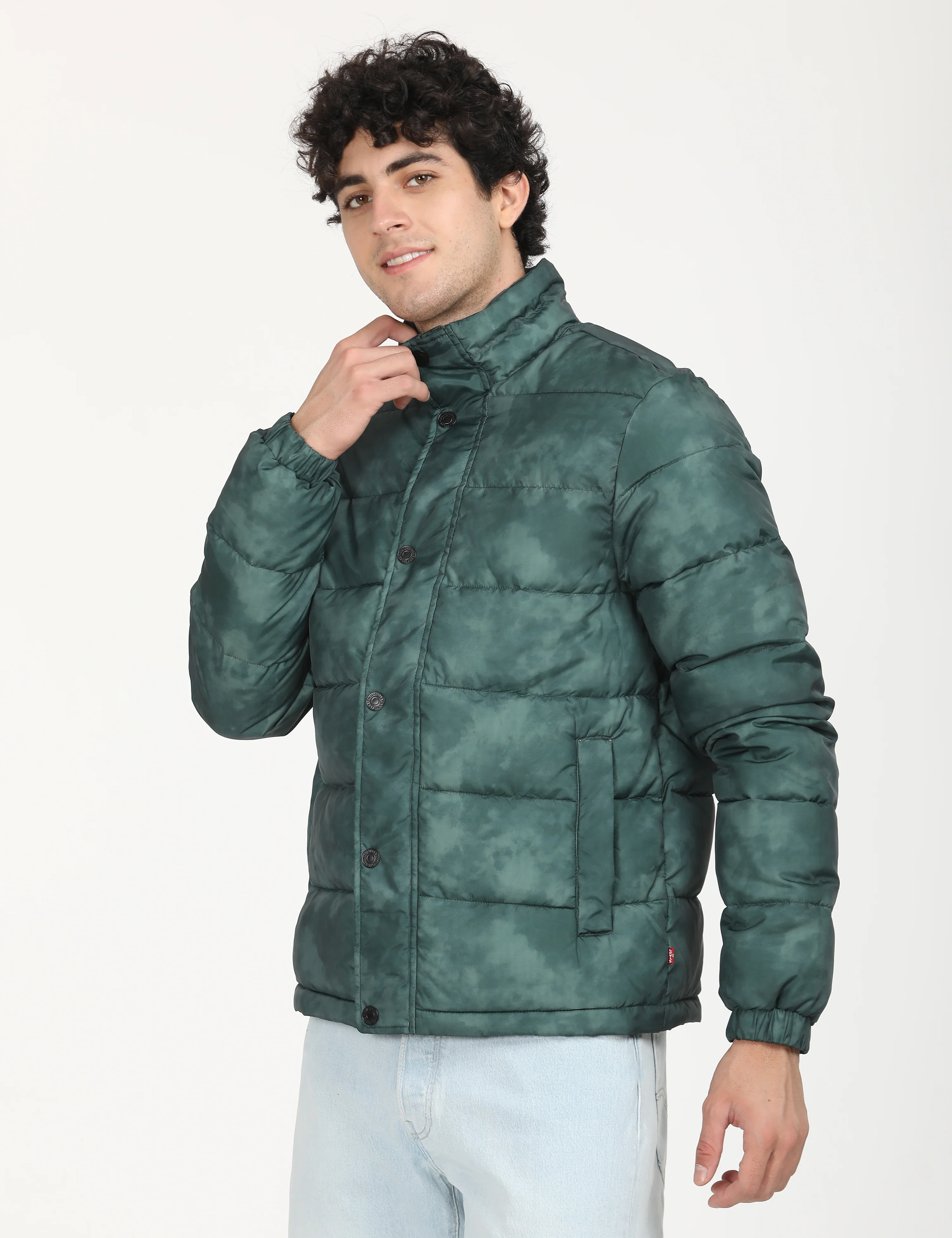 Men's Printed Teal High Neck Puffer Jacket - Image 2