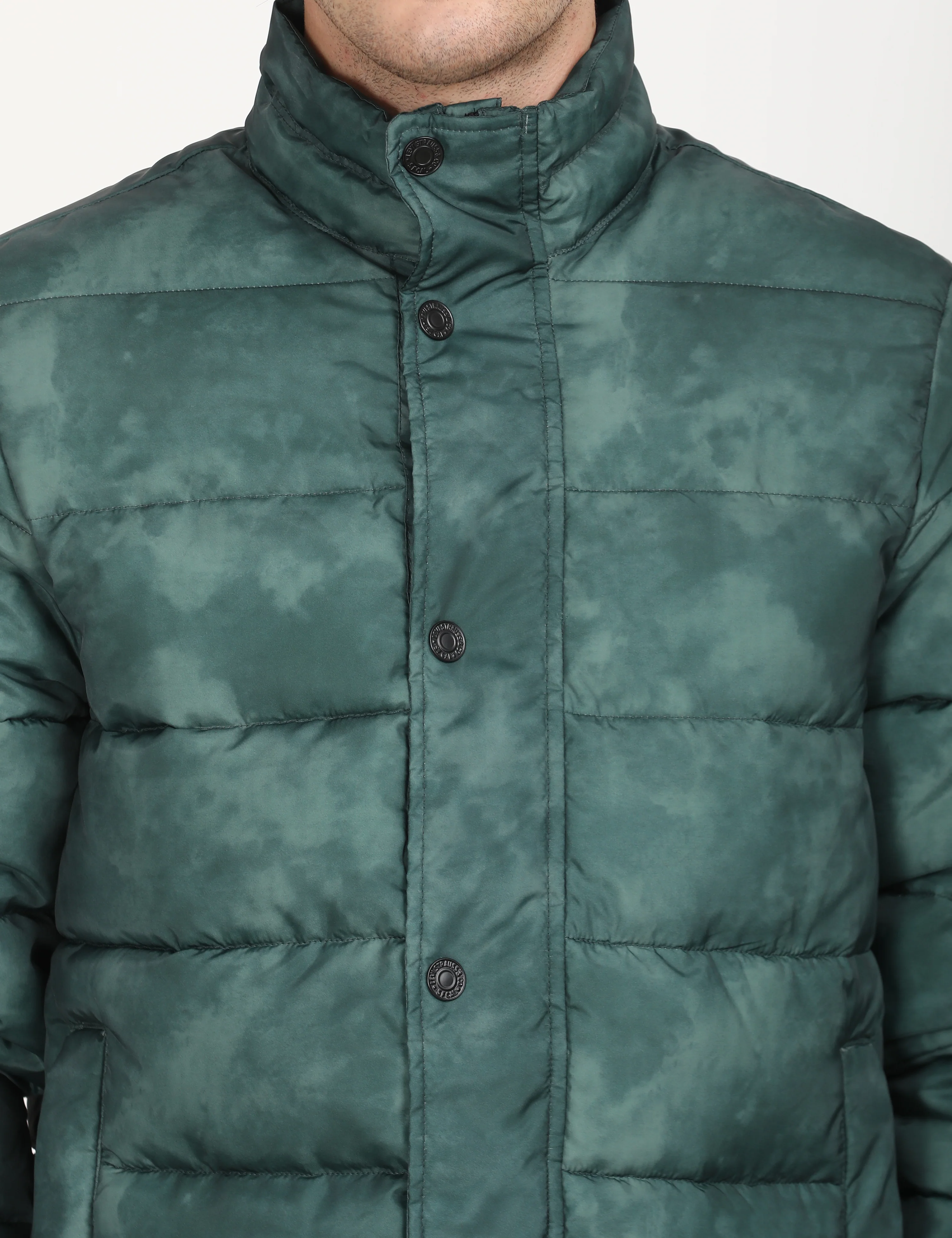 Men's Printed Teal High Neck Puffer Jacket - Image 4