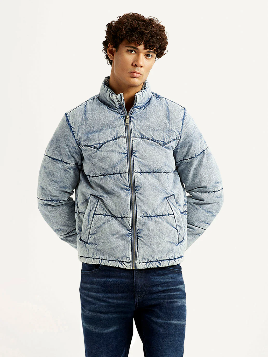 Men's Quilted Light Blue Puffer Jacket - Image 2