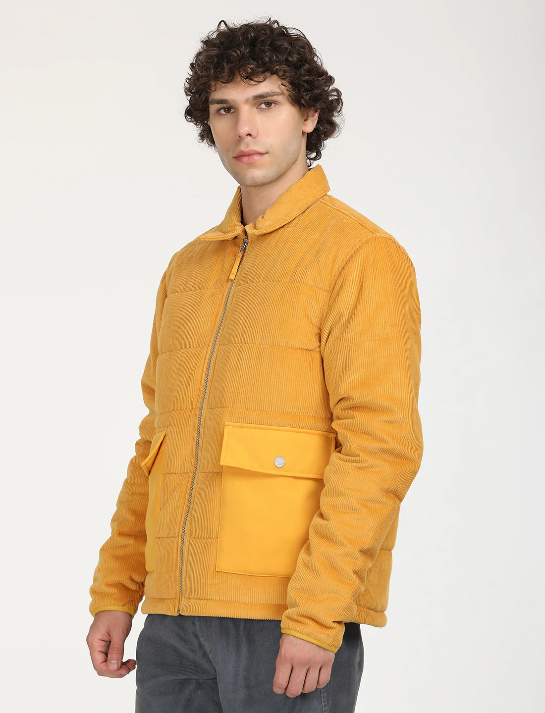 Men's Quilted Yellow Spread Collar Puffer Jacket - Image 2