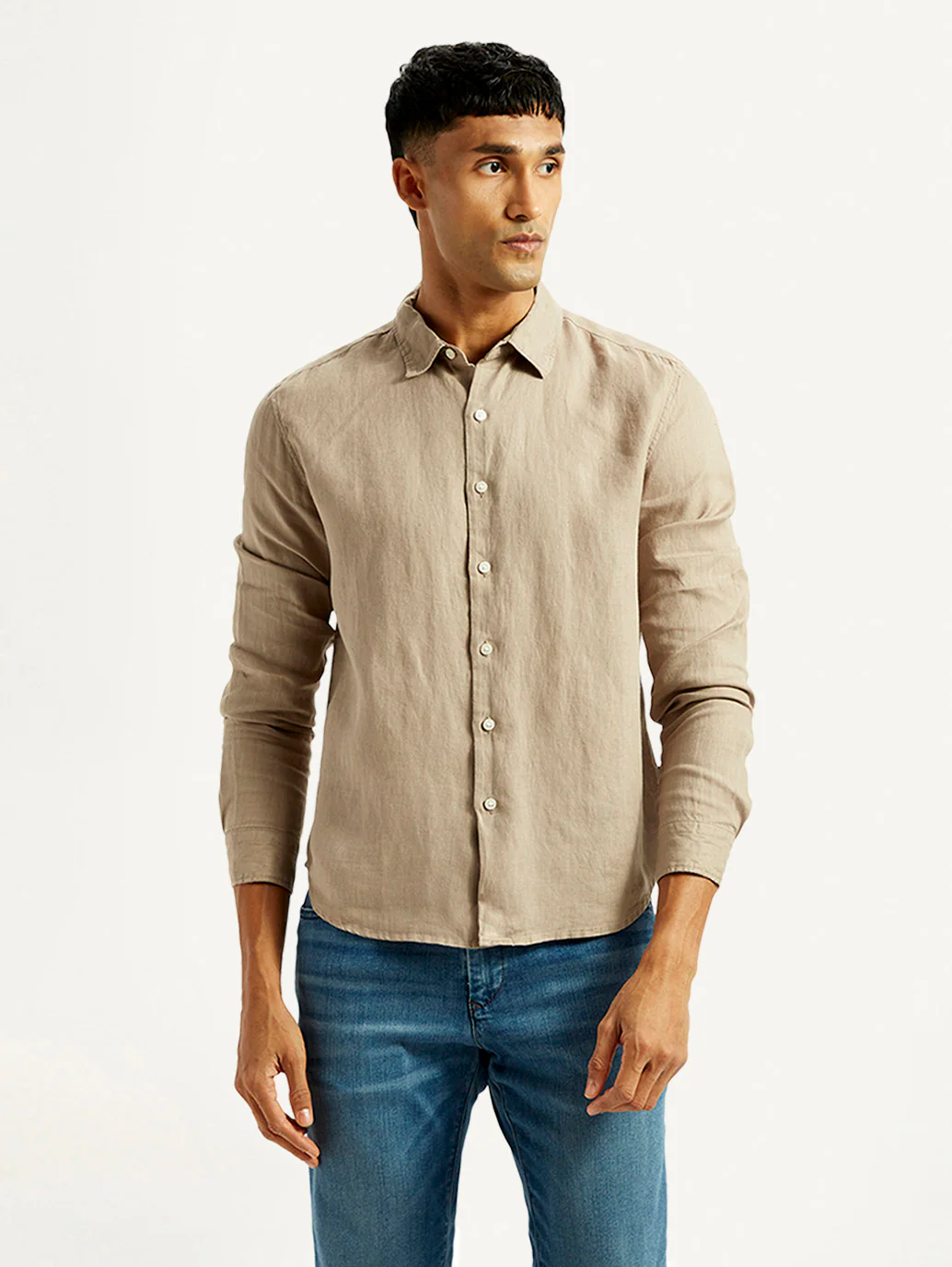 Men's Redloop Solid Beige Slim Fit Linen Shirt - Image 2