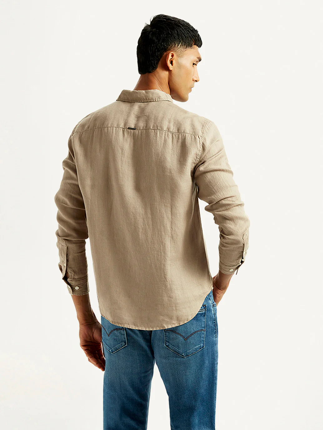 Men's Redloop Solid Beige Slim Fit Linen Shirt - Image 3