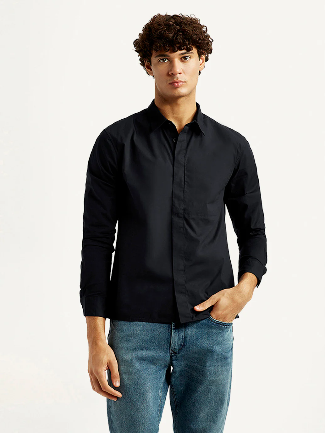Men's Redloop Solid Black Slim Fit Shirt - Image 2