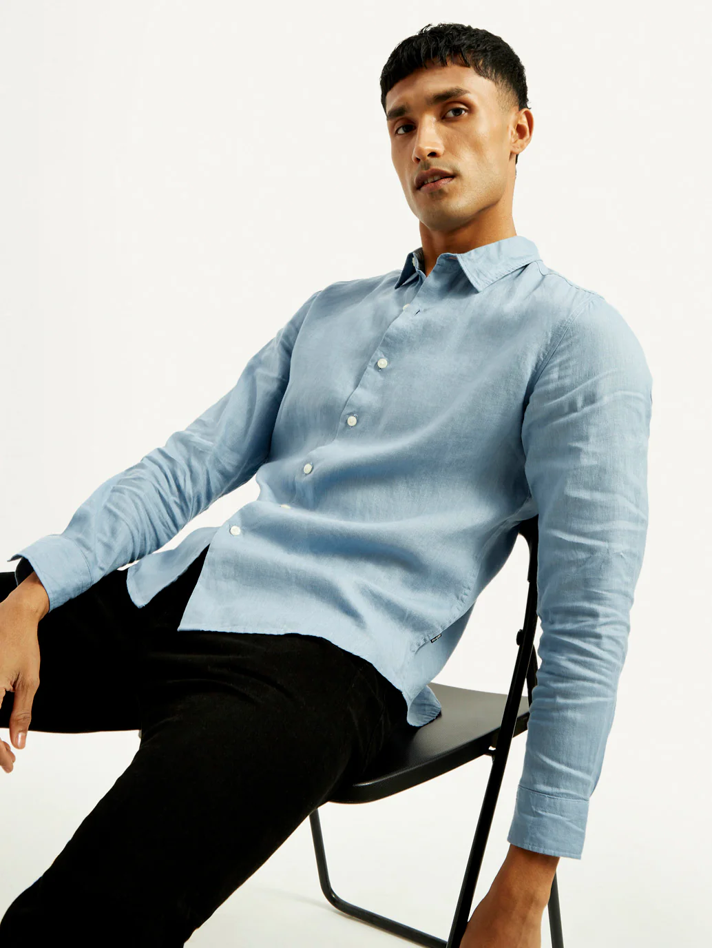 Men's Redloop Solid Light Blue Slim Fit Linen Shirt