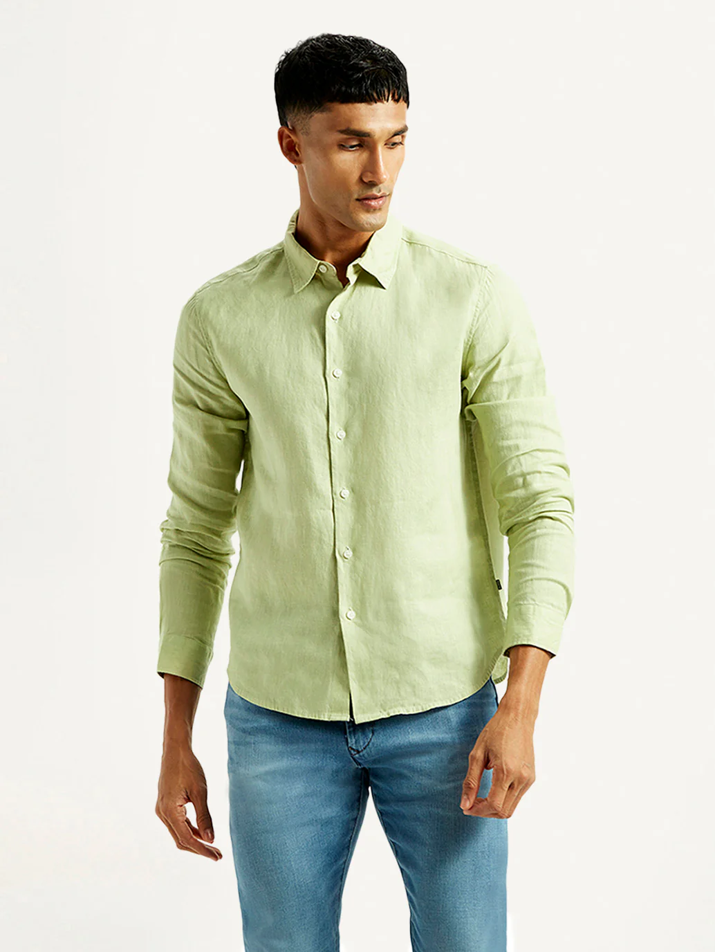 Men's Redloop Solid Light Green Slim Fit Linen Shirt - Image 3