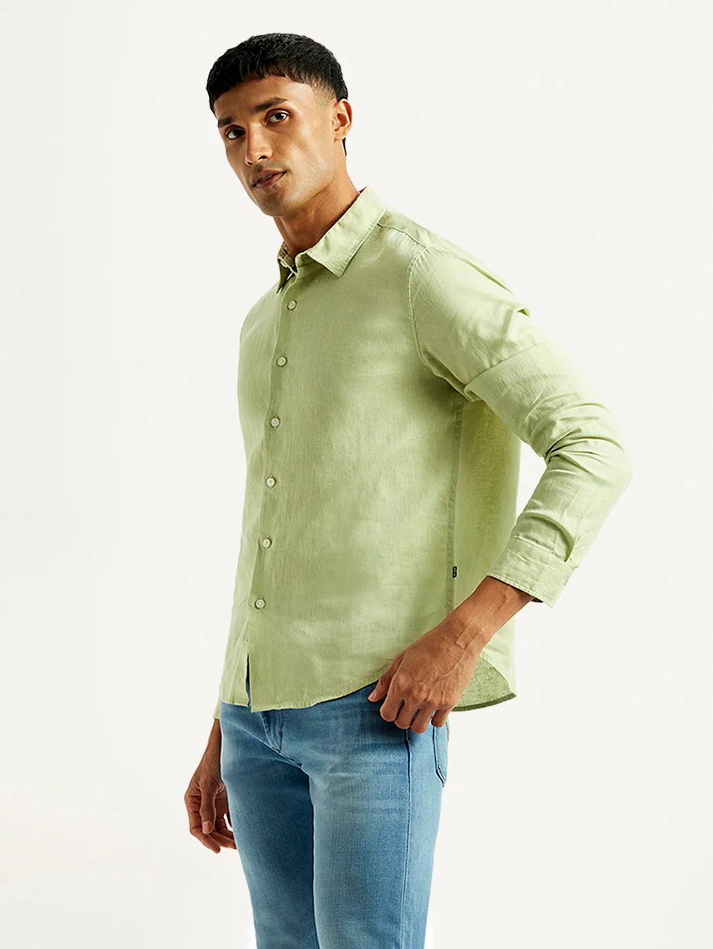 Men's Redloop Solid Light Green Slim Fit Linen Shirt - Image 6