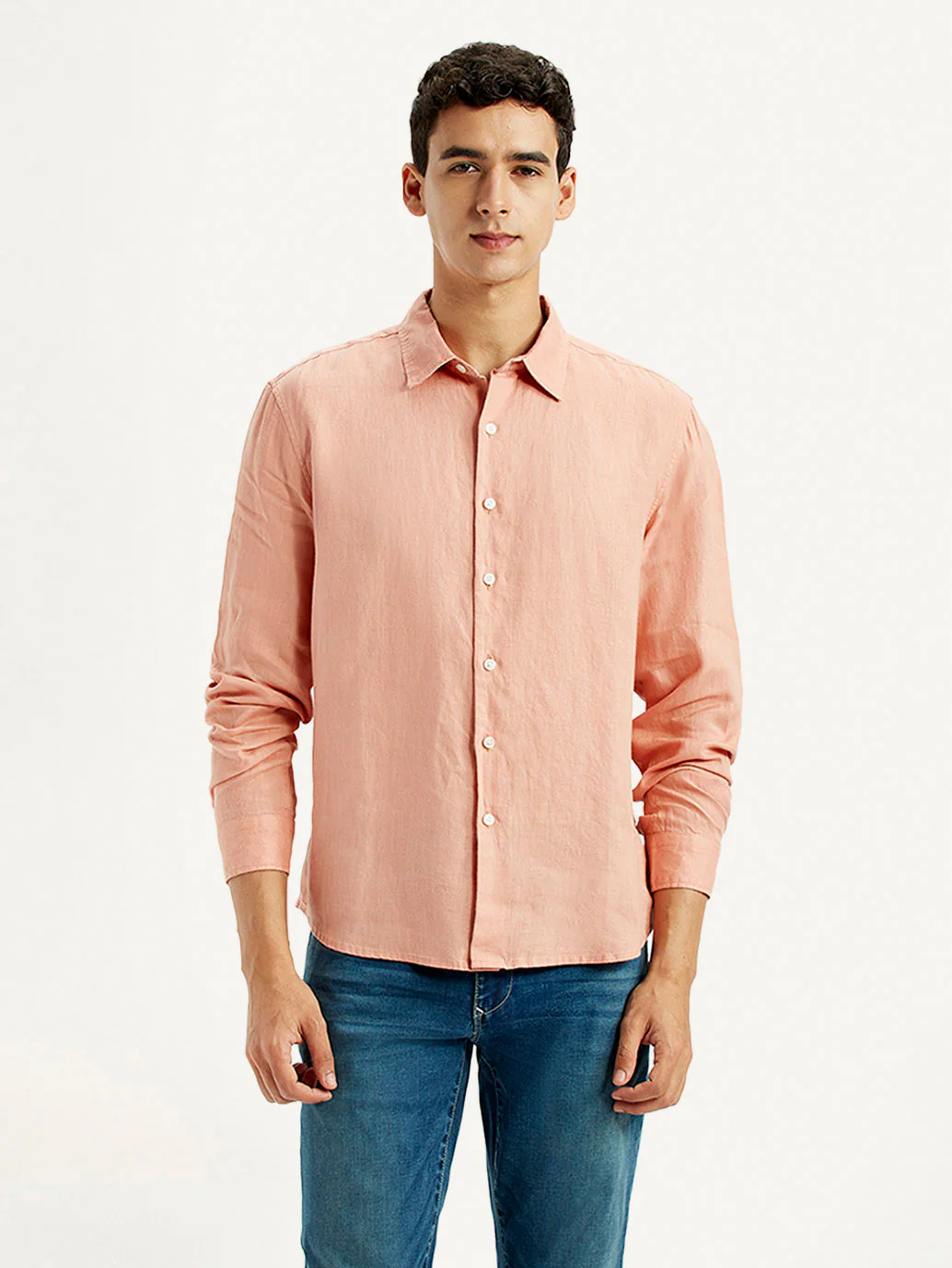 Men's Redloop Solid Peach Slim Fit Linen Shirt - Image 3
