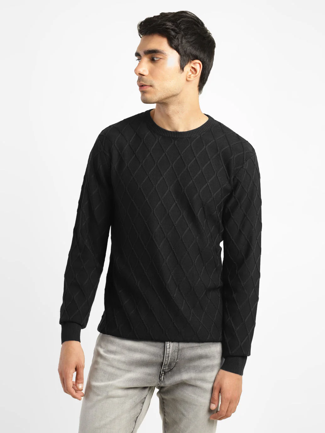 Men's Self Design Black Crew Neck Sweater - Image 2