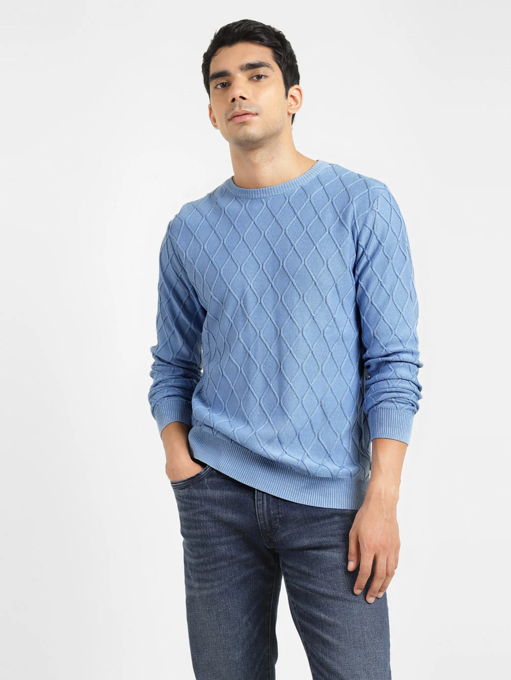 Men's Self Design Blue Crew Neck Sweater - Image 6