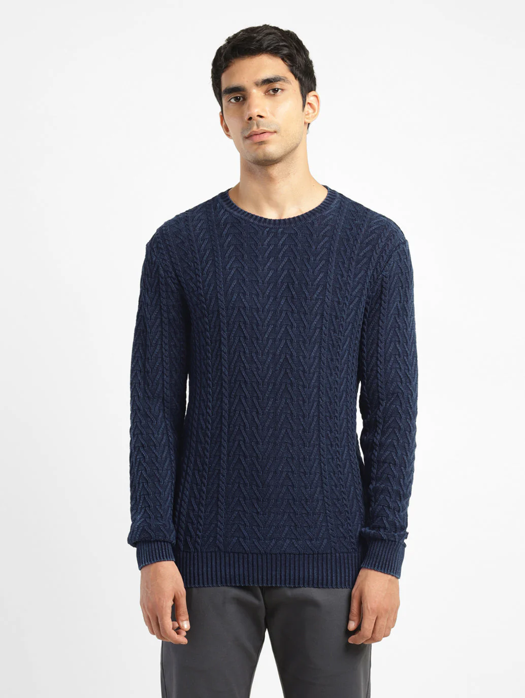 Men's Self Design Navy Crew Neck Sweater - Image 2