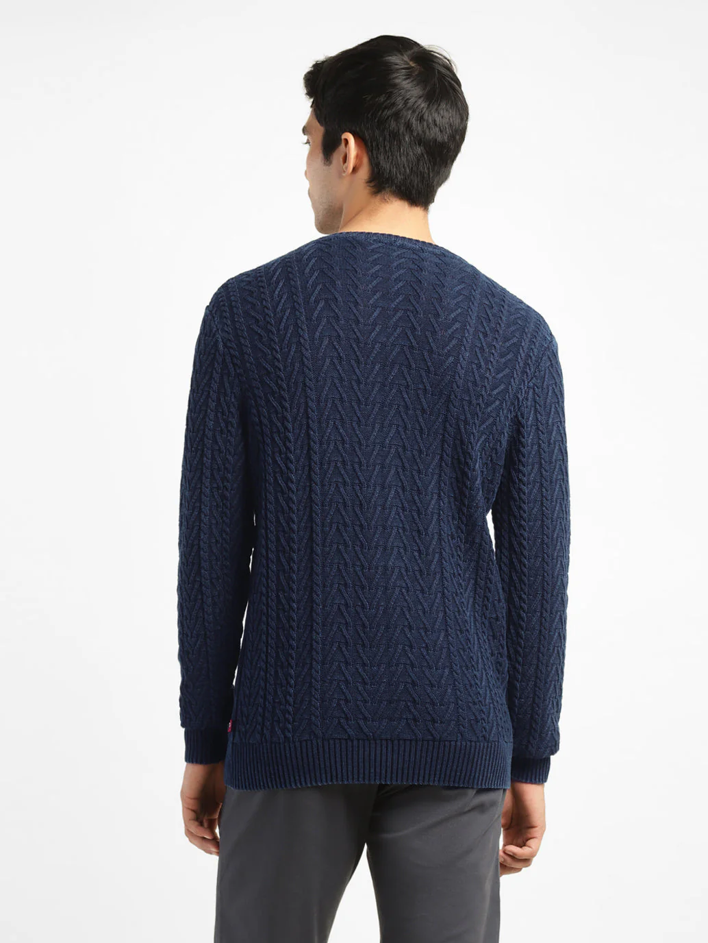 Men's Self Design Navy Crew Neck Sweater - Image 3