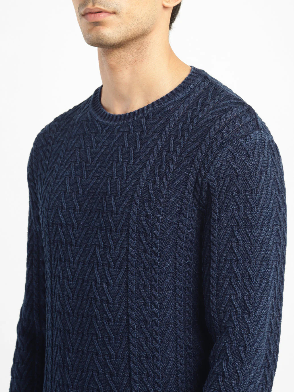 Men's Self Design Navy Crew Neck Sweater - Image 5