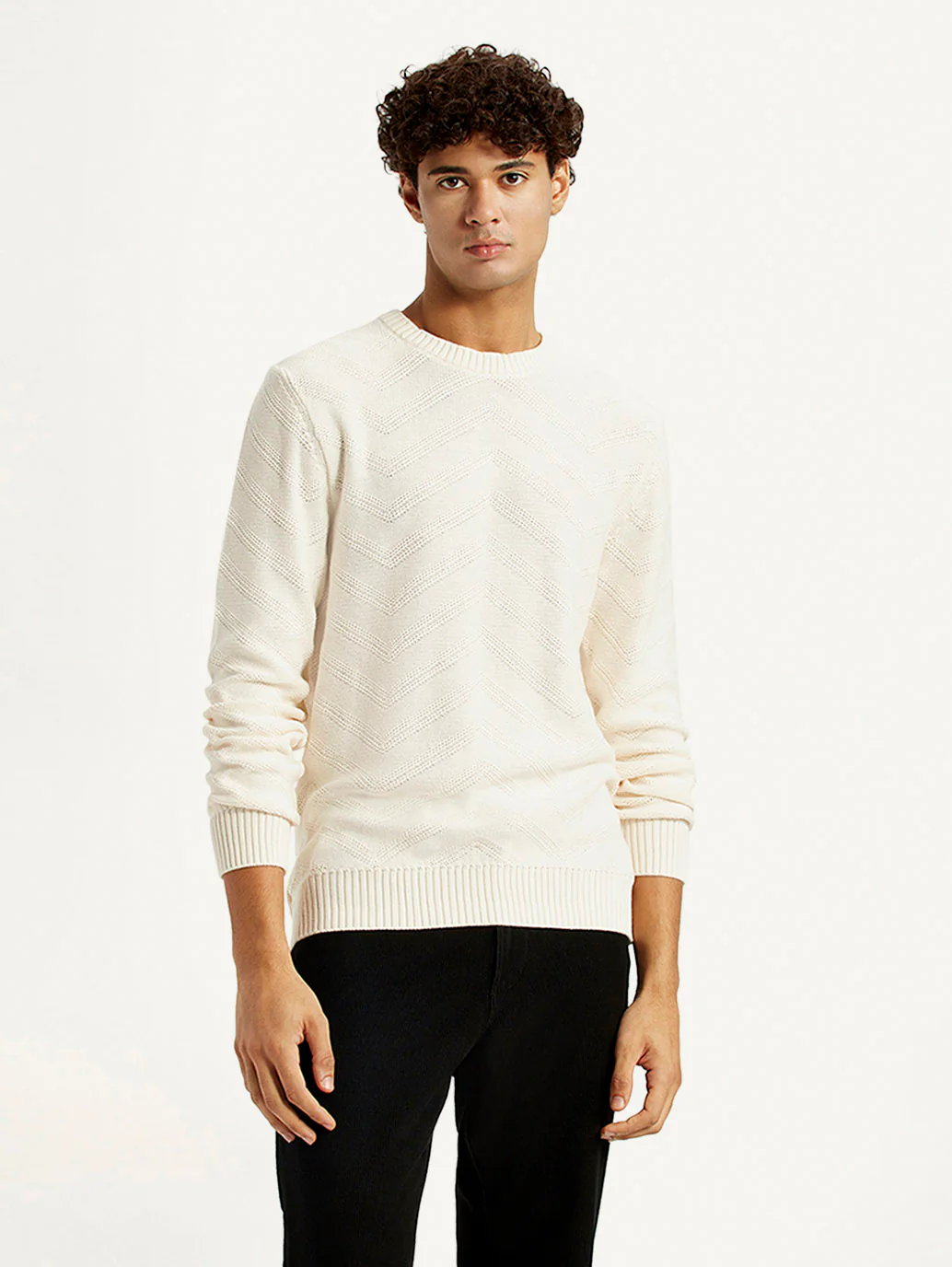 Men's Self Design Off White Crew Neck Sweater