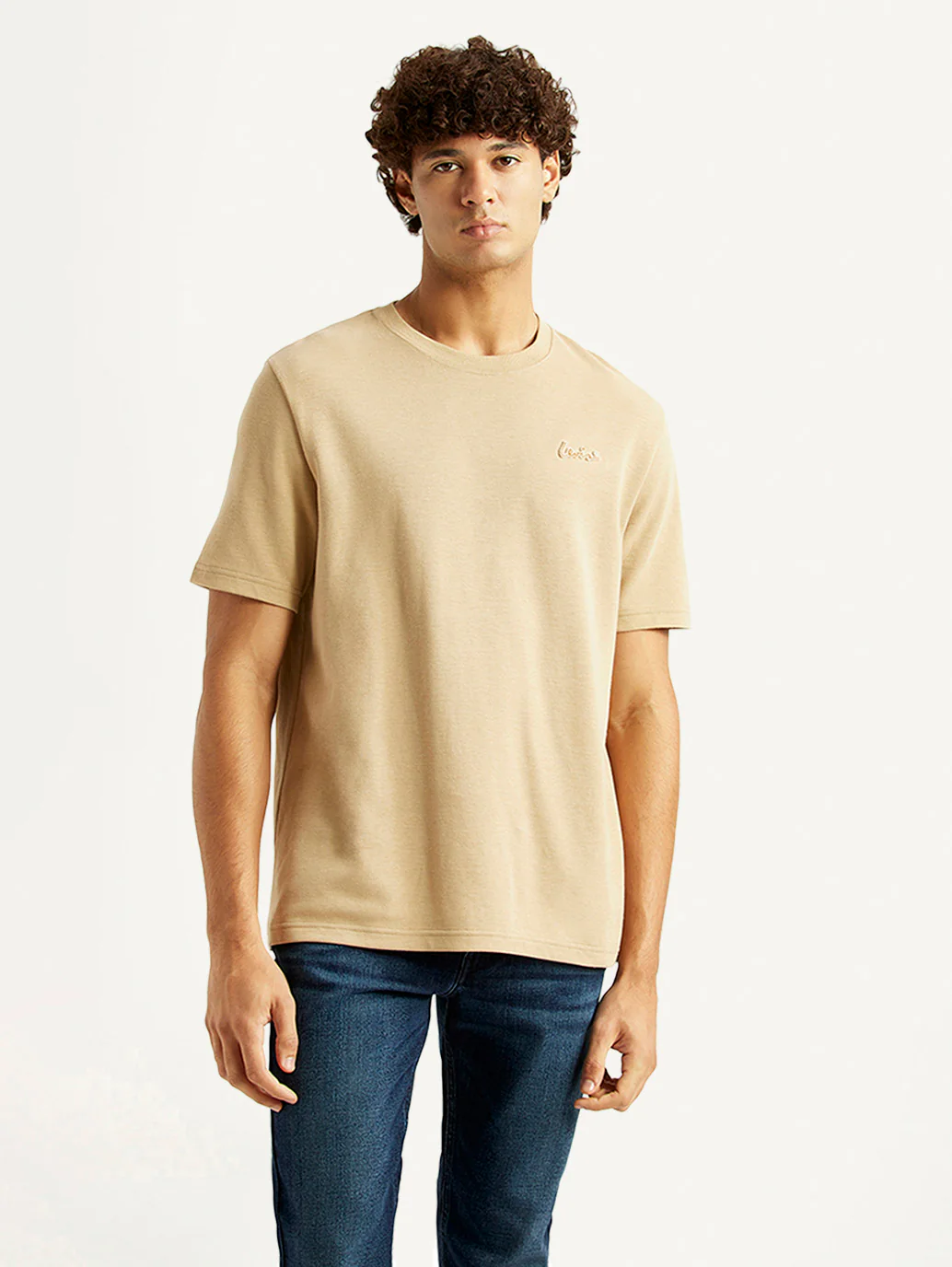 Men's Solid Beige Crew Neck T-shirt - Image 2