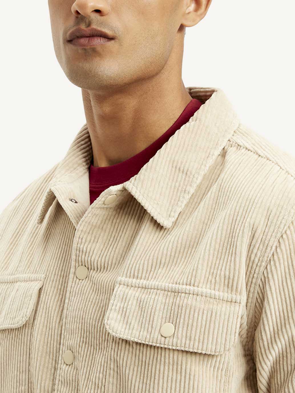 Men's Solid Beige Relaxed Fit Corduroy Shacket - Image 3