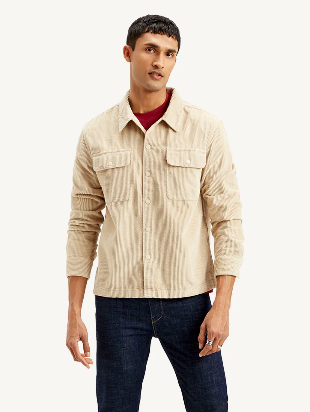Men's Solid Beige Relaxed Fit Corduroy Shacket - Image 4