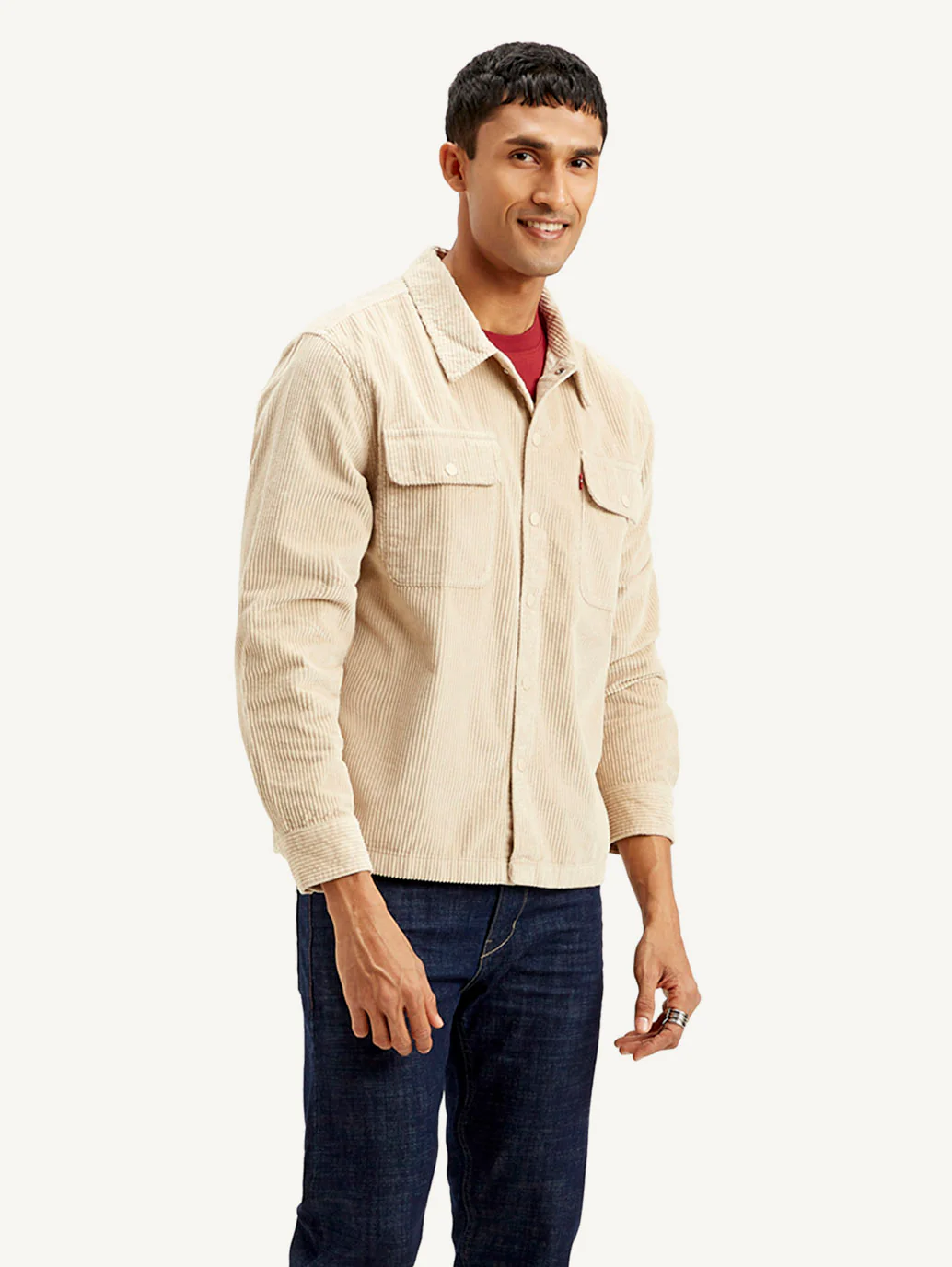 Men's Solid Beige Relaxed Fit Corduroy Shacket - Image 5