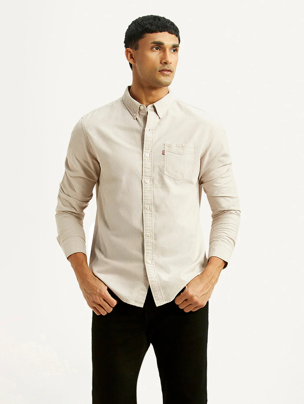 Men's Solid Beige Slim Fit Oxford Shirt