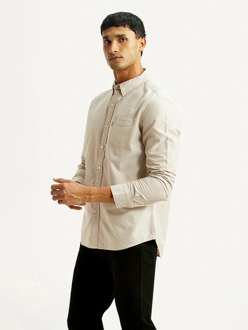 Men's Solid Beige Slim Fit Oxford Shirt - Image 3