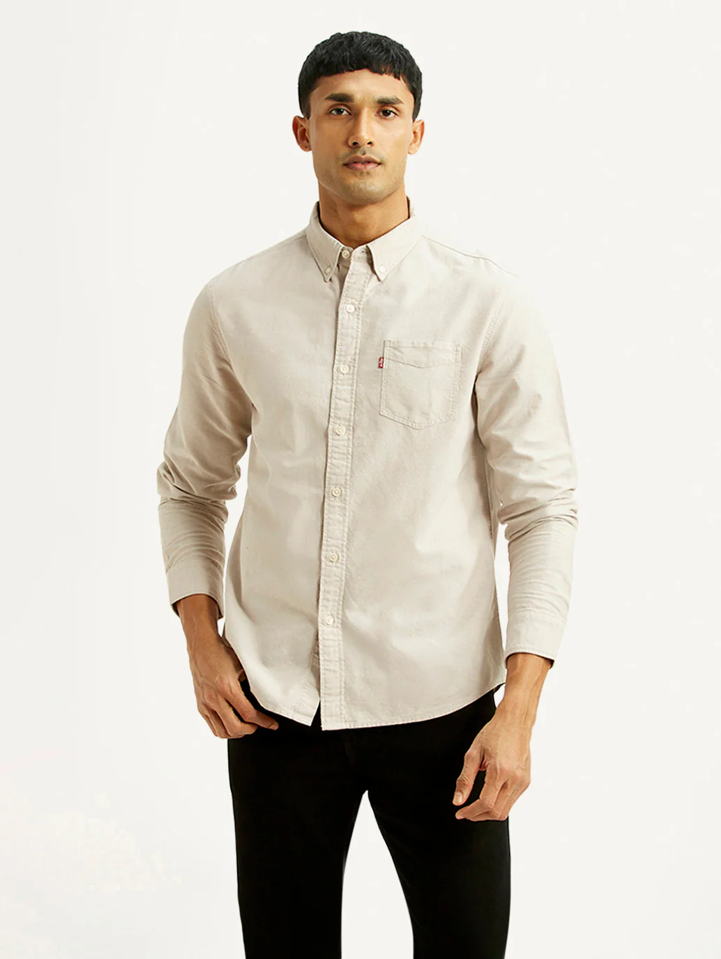 Men's Solid Beige Slim Fit Oxford Shirt - Image 5