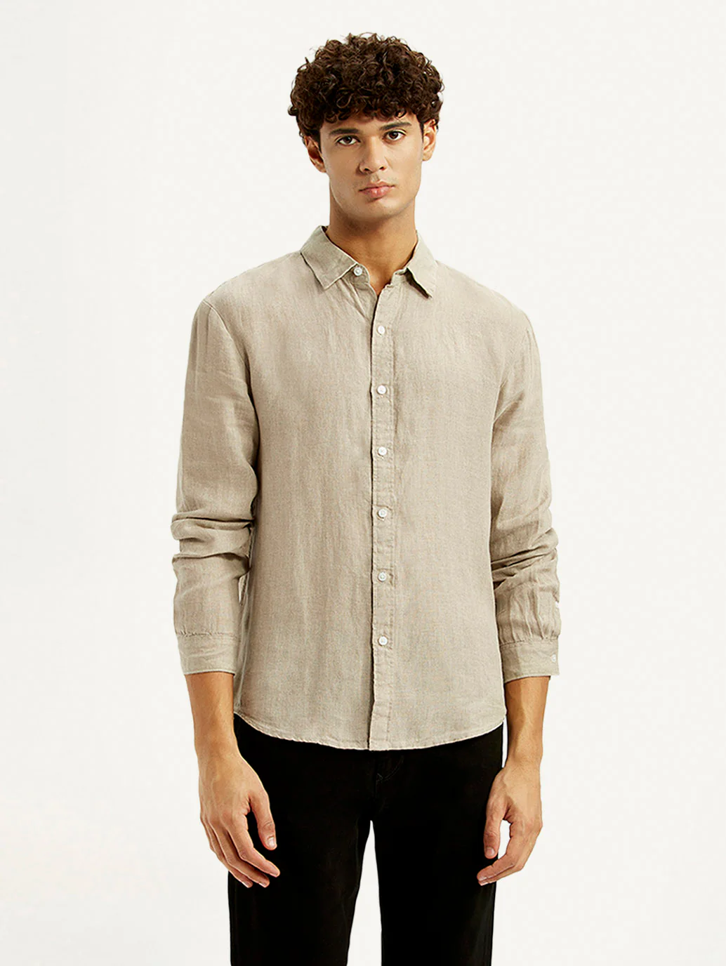 Men's Solid Beige Slim Fit Shirt - Image 2