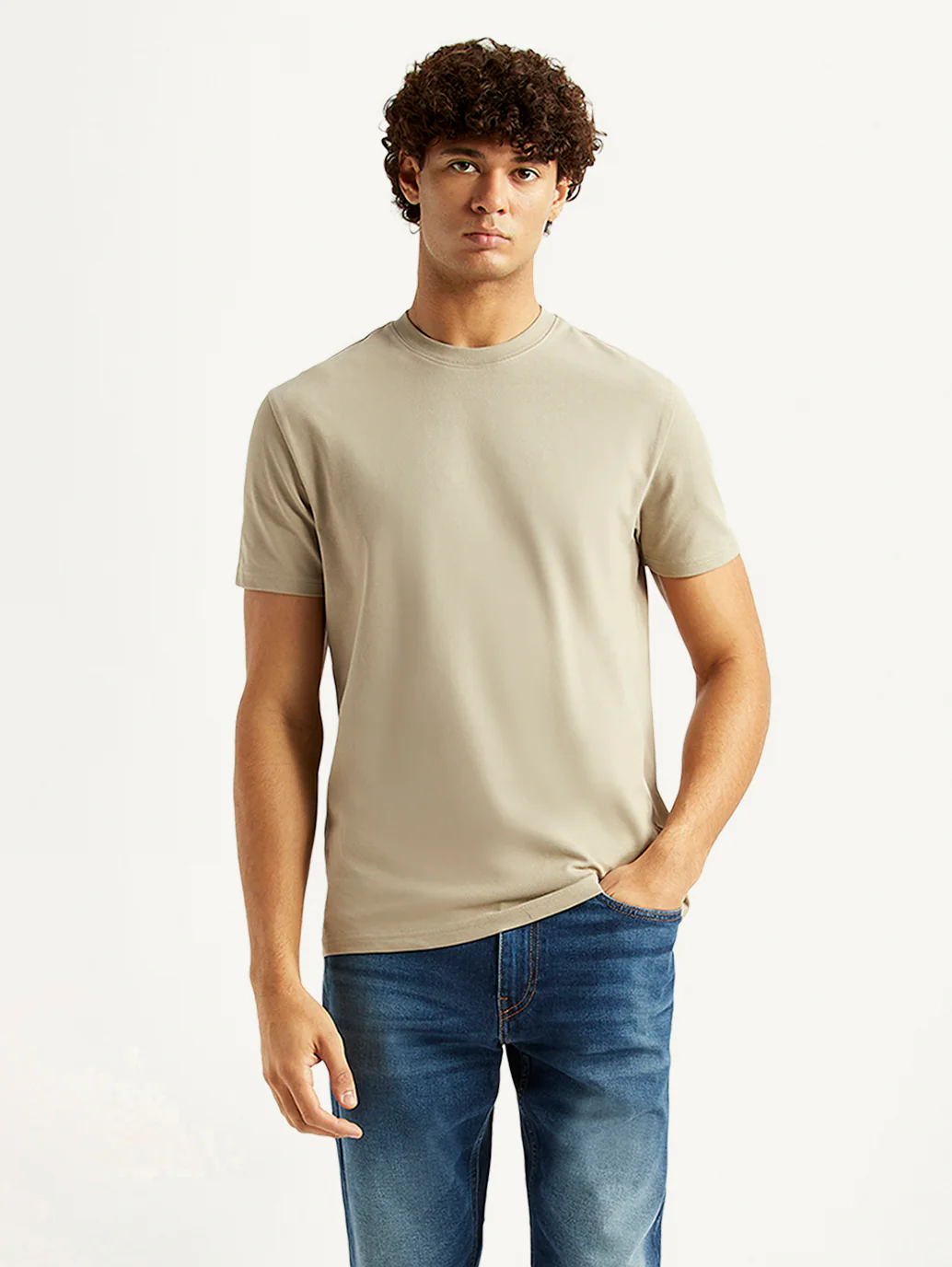 Men's Solid Beige Slim Fit T-shirt