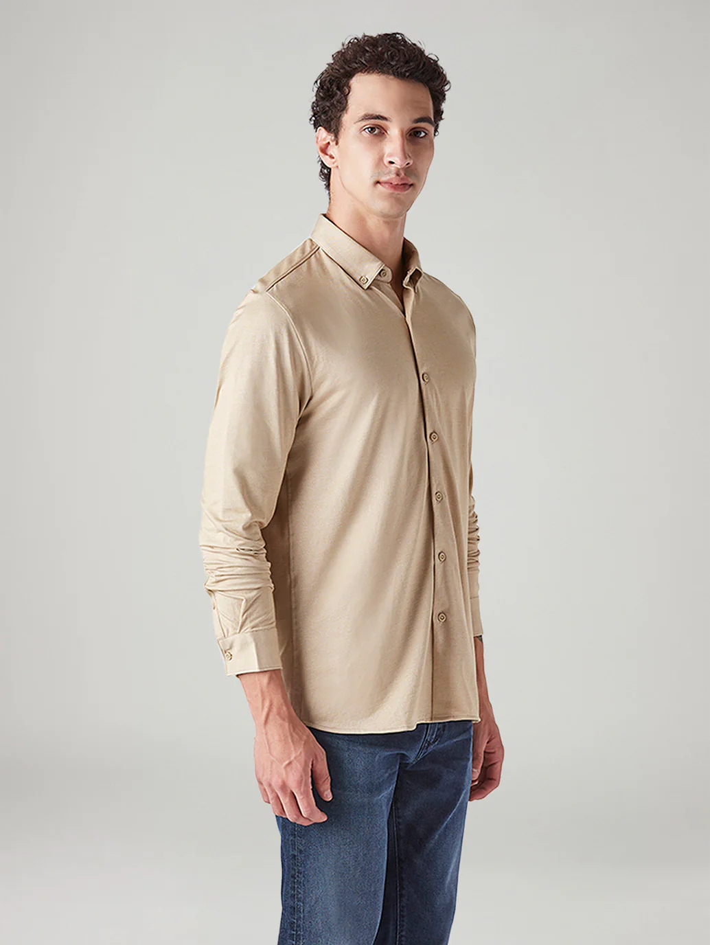 Men's Solid Beige Slim Fit Textured Shirt - Image 3
