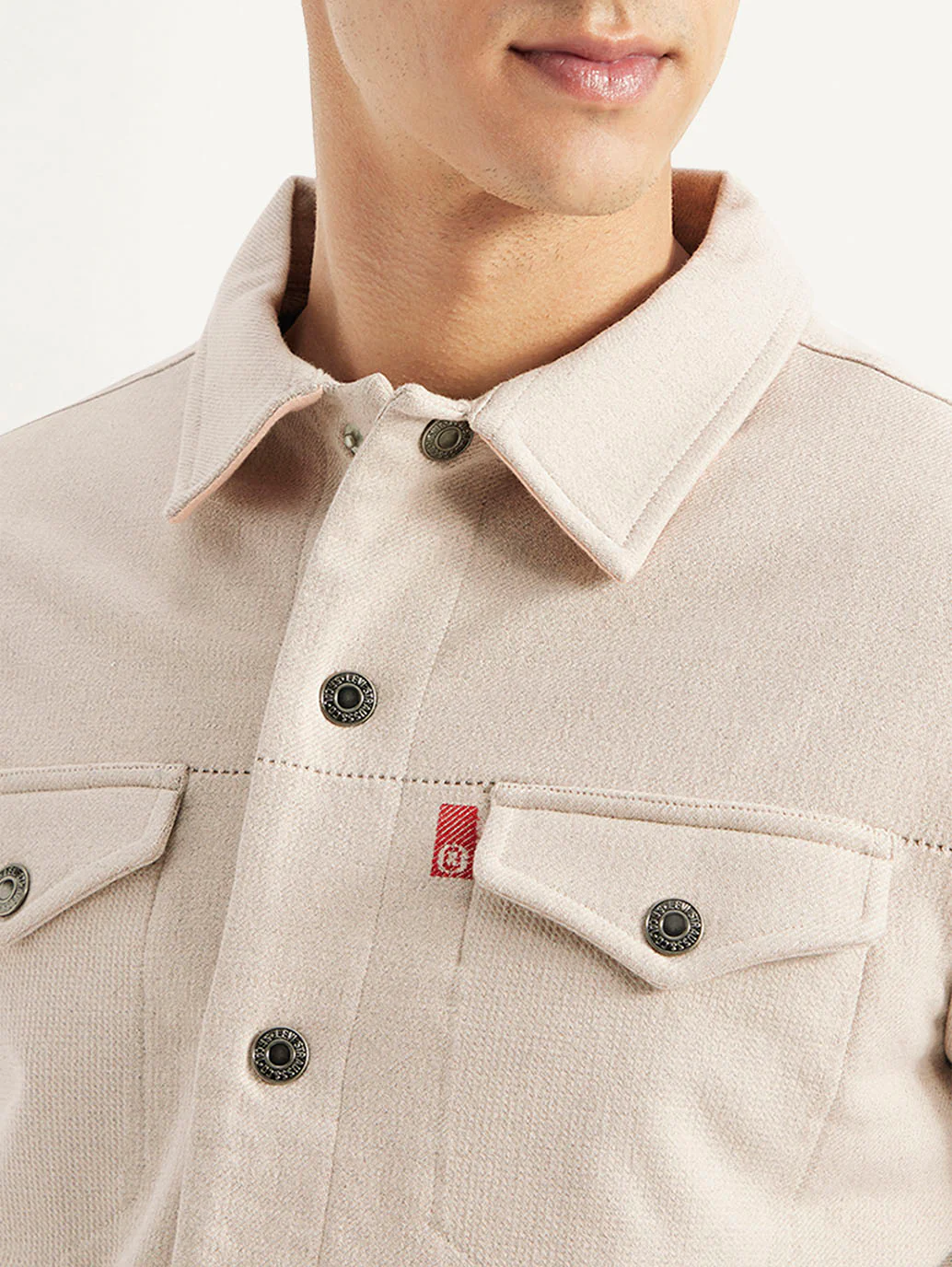 Men's Solid Beige Spread Collar Jacket - Image 4