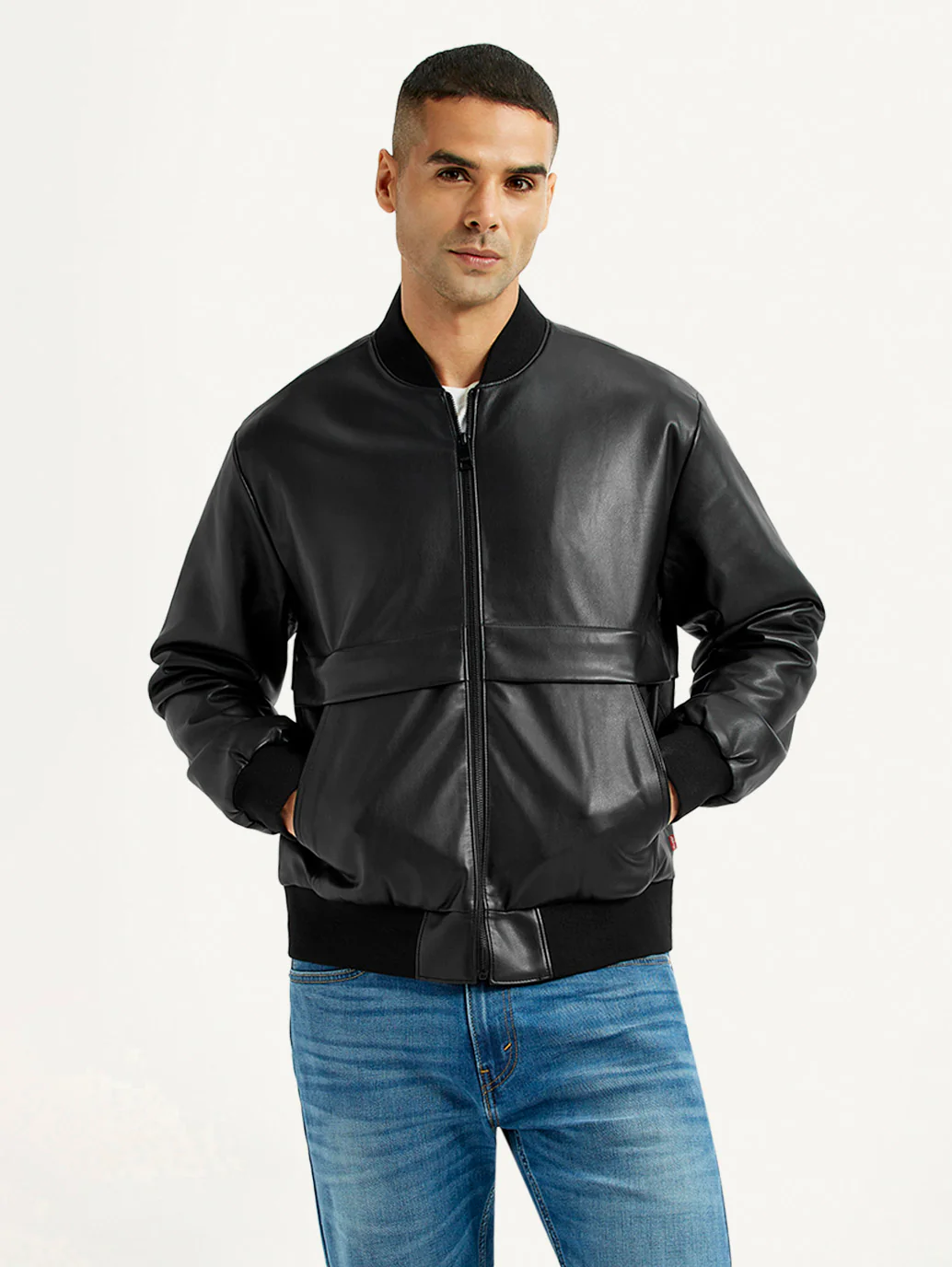 Men's Solid Black Bomber Jacket - Image 2