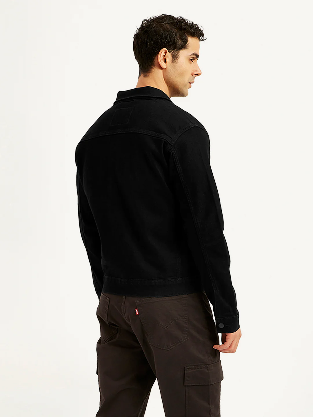 Men's Solid Black Spread Collar Denim Jacket - Image 3