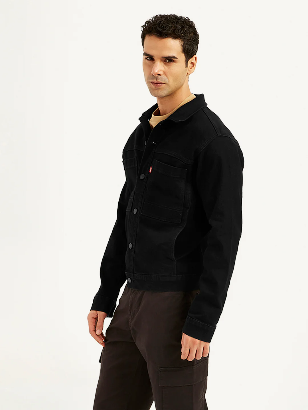Men's Solid Black Spread Collar Denim Jacket - Image 4