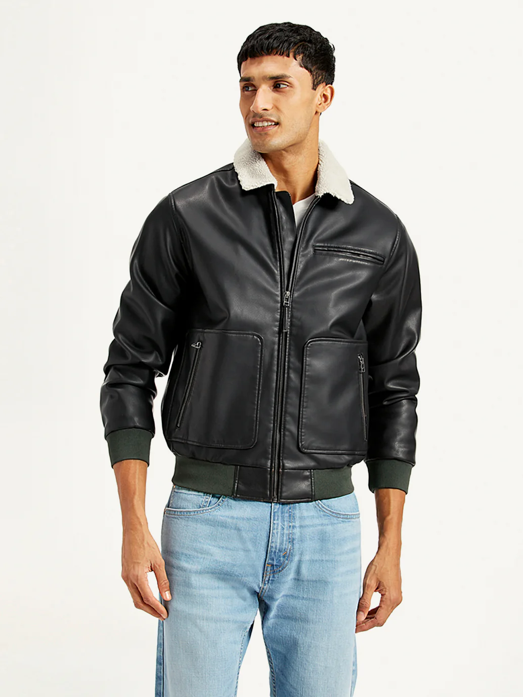 Men's Solid Dark Brown Spread Collar Leather Jacket - Image 4