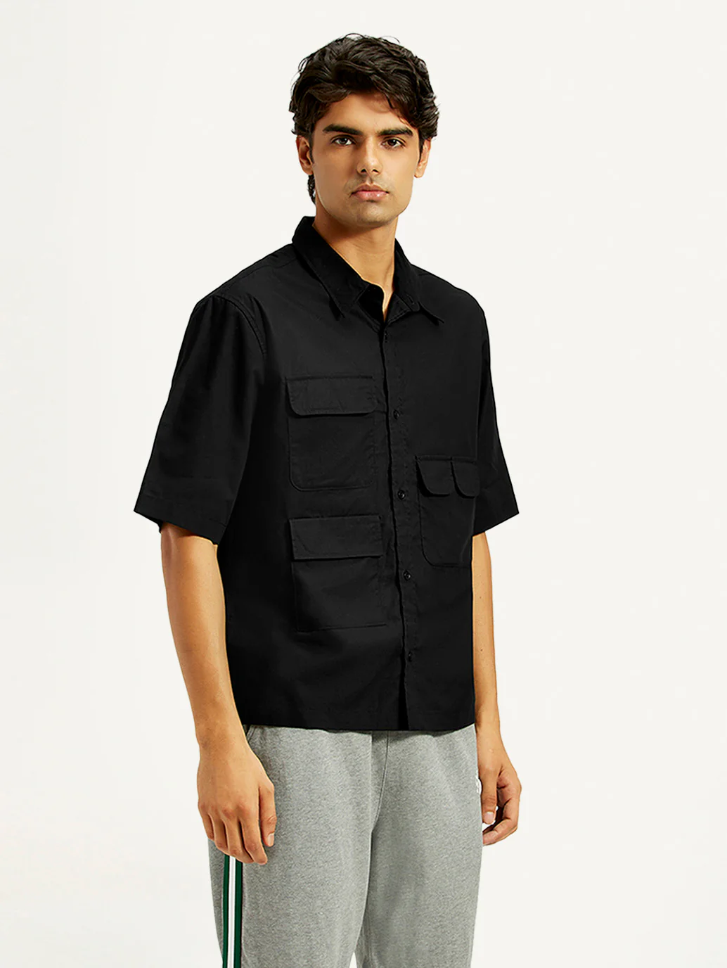 Men's Solid Black Spread Collar Shirt - Image 5