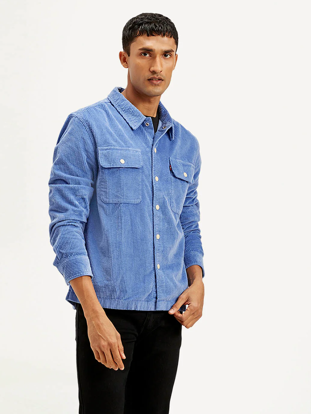 Men's Solid Blue Relaxed Fit Corduroy Shacket - Image 2
