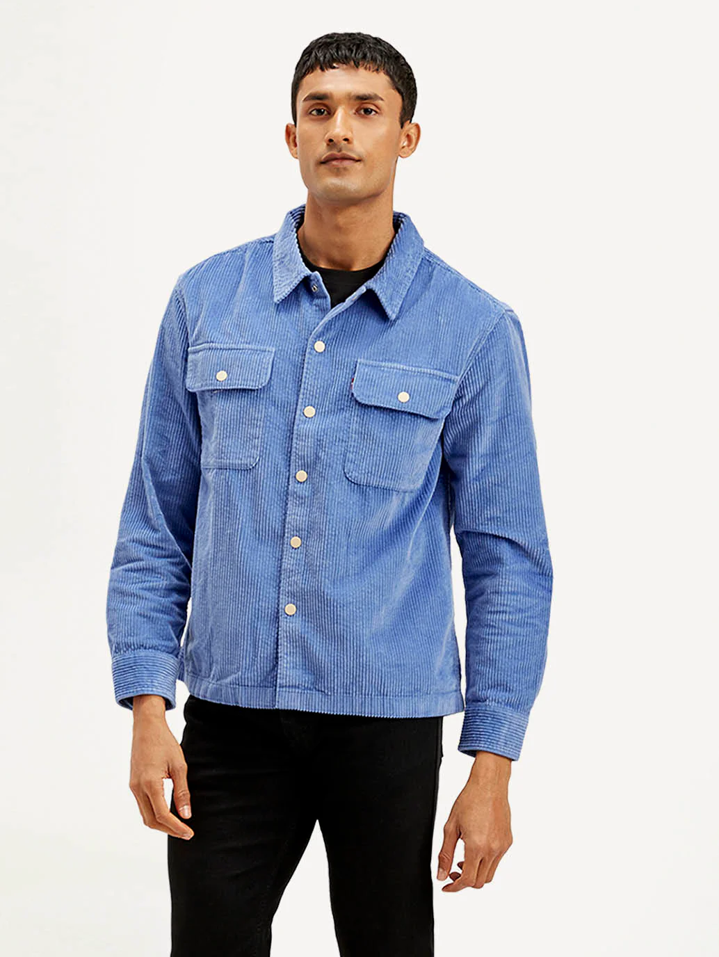 Men's Solid Blue Relaxed Fit Corduroy Shacket - Image 3