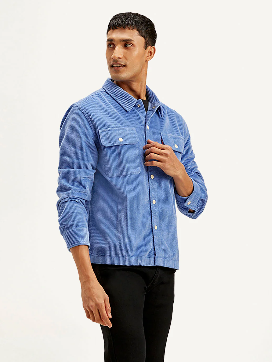 Men's Solid Blue Relaxed Fit Corduroy Shacket - Image 6
