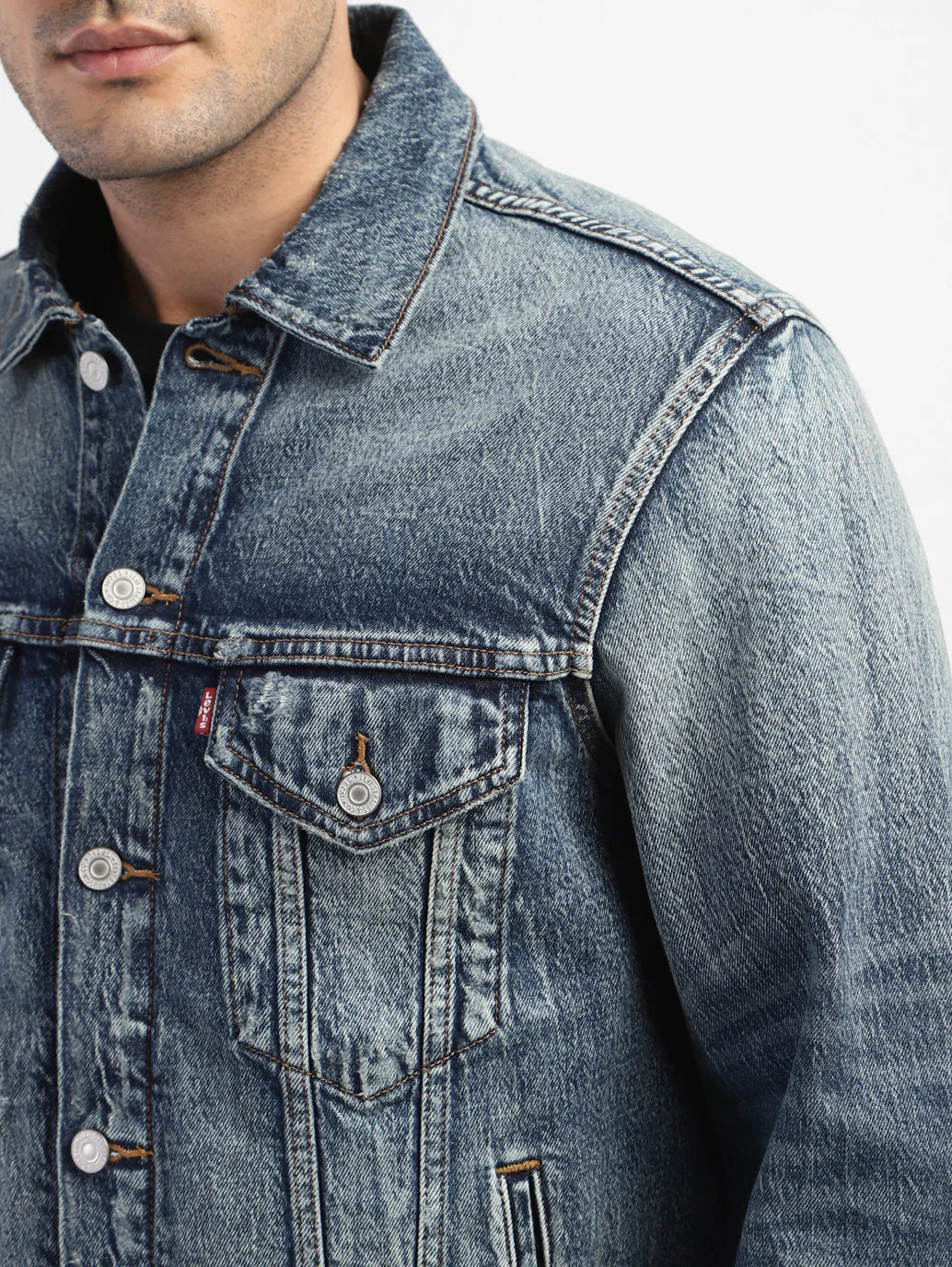 Men's Solid Blue Shirt Collar Denim Jacket - Image 6