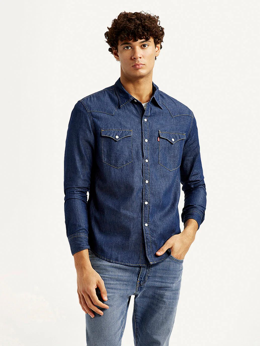 Men's Solid Blue Slim Fit Denim Shirt - Image 2